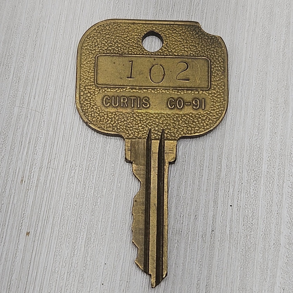 Vintage Curtis CO-91 Brass Key Number 102 Textured Flat Head Industrial Hardware
